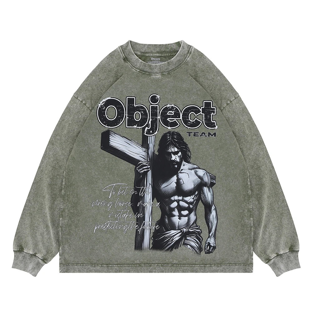 Superway Original Design Jesus Cross Graphic Print Washed T-Shirt Unisex Loose High Street Long Sleeves Hip Hop Vintage Tee Tops