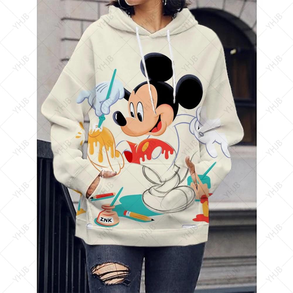 Disney Hoodies Women Minnie Mickey Mouse Hoodies Cartoon Tops Long Sleeve Pockets Sweatshirts Fashion Oversized Hooded Women