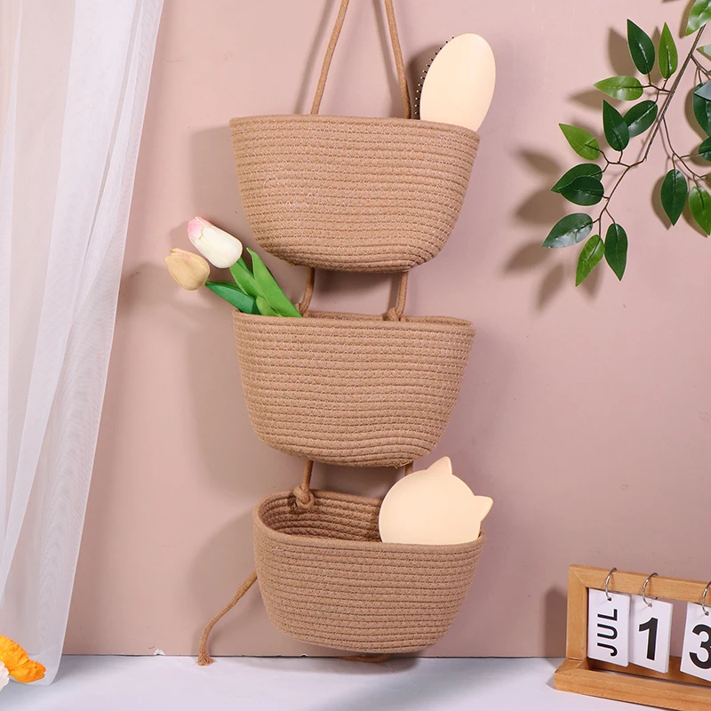 Cestini appesi in tessuto 1pc che organizzano cesto da parete appeso a 3 livelli decorativo Boho a parete in cotone sopra lo stoccaggio per soggiorno