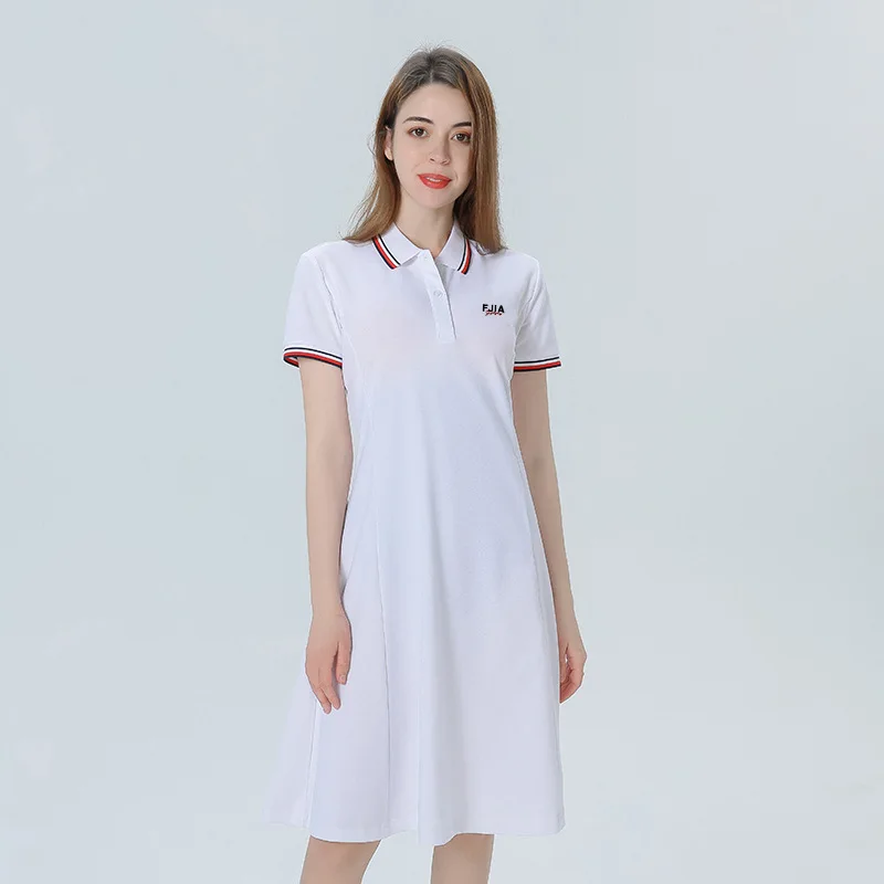 Women's Skirt 2024 New Simple Stitching Lapel Mid-Length Short Sleeve A- line Dress 2202