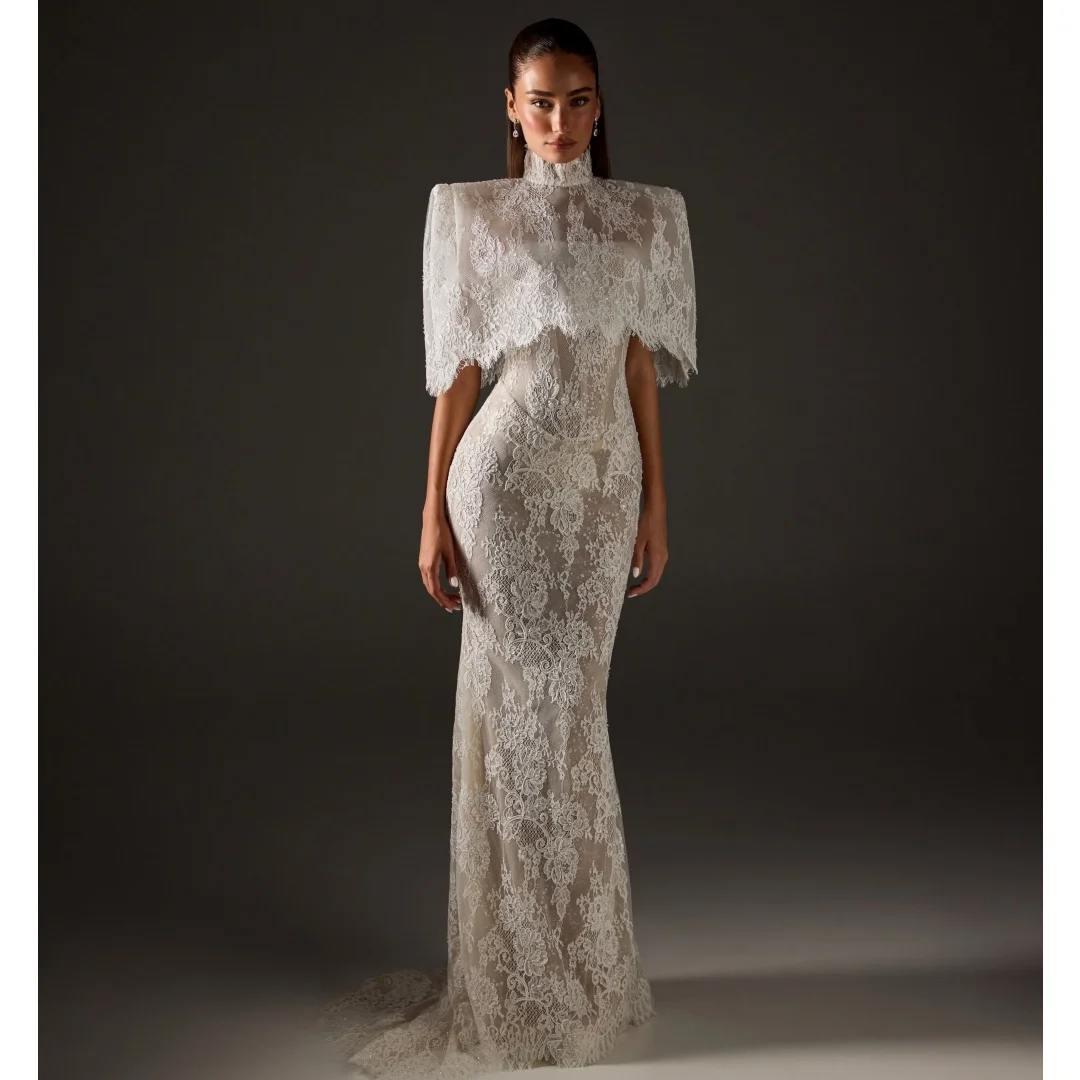 Ivory Lace Mermaid Wedding Dresses with Shawl Cloak Bridal Gown Floor Length Exquisite Party Dress robe de mariée Customized