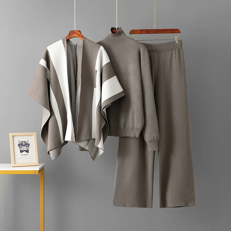 ALPHALMODA, 2025, moda francese, abito lavorato a maglia a righe, scialle + maglione a collo alto + pantaloni a gamba larga, abito elegante da donna 3 pezzi
