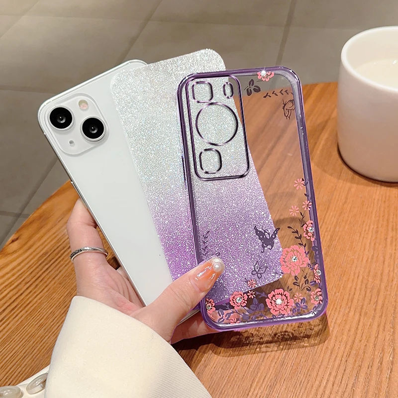 Luxury Glitter Butterfly Flower Phone Case For Huawei P60 P50 P40 P30 Soft Silicone Plating Cover P60Pro P50Pro P40Pro P30Pro