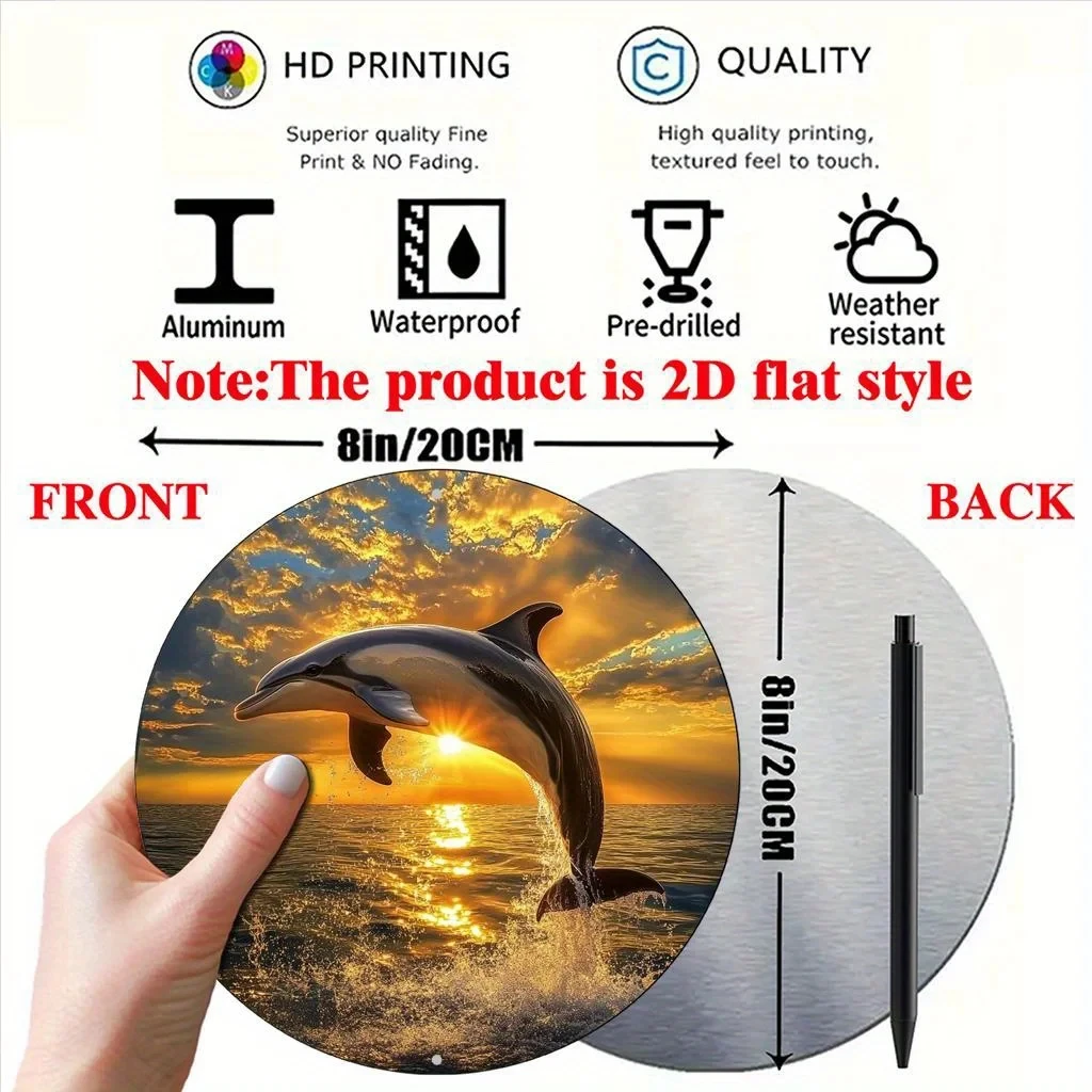 2D Flat, 1 Piece Dolphin Leaping Out of the Water Themed Circular Aluminum Sign Decorative Art, High-Definition 2D Aluminum Sign, Vintage Decoration