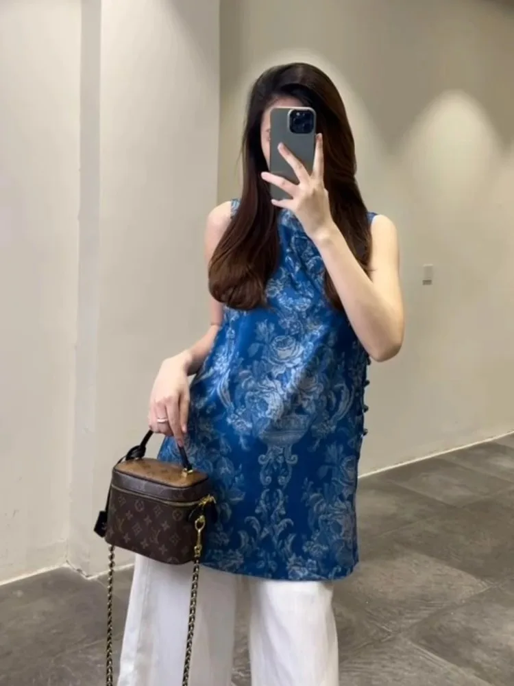 Pantalones de pierna ancha con estampado Floral azul y traje de verano para mujer, conjunto de dos piezas, nuevo traje nacional chino 2025