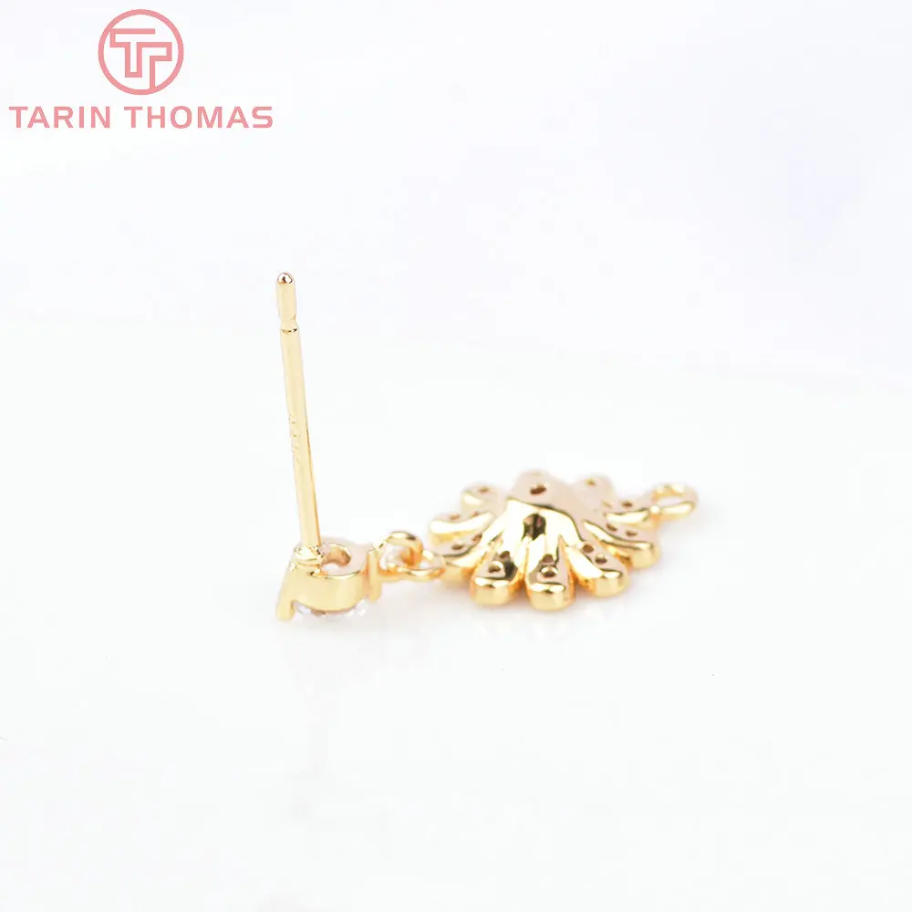 (6678) 4PCS 8.5MM 24K Gold Color Brass with Zircon Flower Shape Stud Earring Diy Jewelry Making Findings Jewelry Accessories