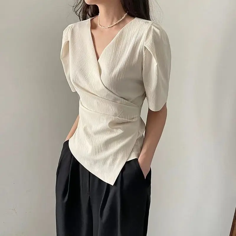 

Korea Summer Office Lady Short Sleeve Women Asymmetrical Blouse Shirt Slim Solid Color Woman Tops Work Female Clothing