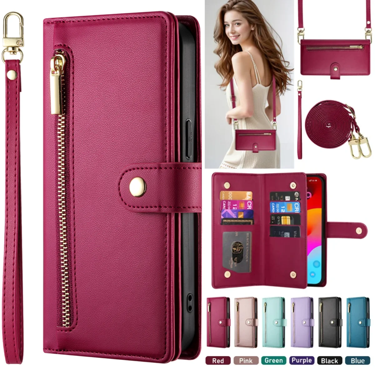 Reißverschluss-Crossbody-Lederhülle für Redmi Note 15 14 13 12 Pro Plus 15C 14C 13C A5 A4 A3 5G Luxus-Kartenfach-Brieftaschenhülle