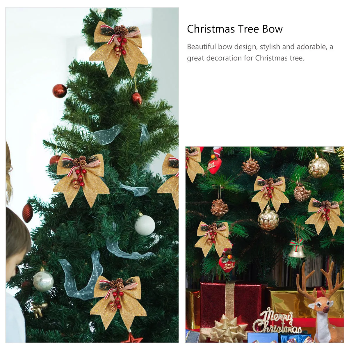 

4Pcs Christmas Tree Decoration Bow Premium Glitter Pine Cone Bows for Holiday Home Party Decorations Festive Ornament Set