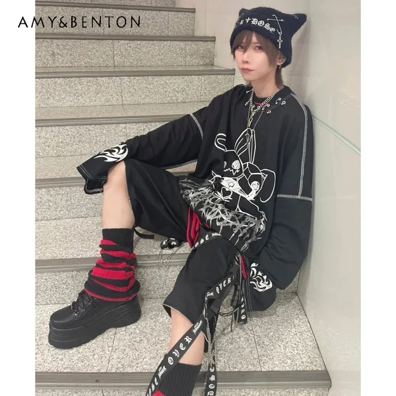 

25COSJapanese Style Mine Series Subculture Dark Punk Rabbit Earrings Long Sleeve Shirts for Women Gothic Hot Girl Oversized Y2K