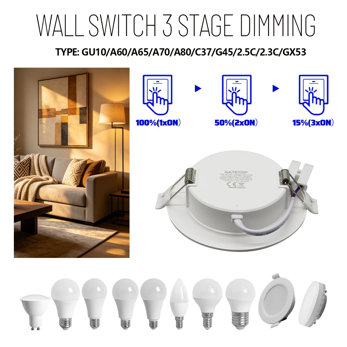 5PCS 3 Way LED Light Bulbs, High Brightness Soft White Three Way Dimming  Lamp E27 GX53 E14 GU10 Base Indoor Decorative LED Bulb