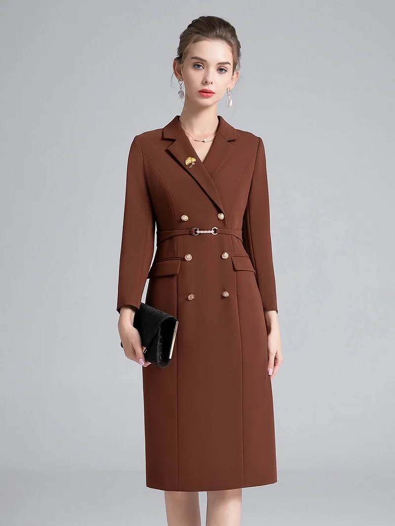 XXXL Bodycon Dress 2024 Winter Fashion Designer Women Notched Collar Button Deco Long Sleeve Midi Elegant Brown Black Dress OL