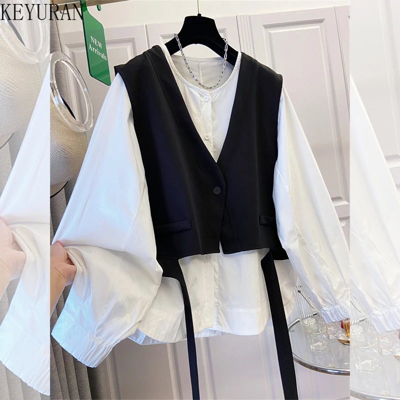 

Fashion Irregular Vest and Long Sleeve Shirt Women's Two-Piece Set Large Size korean Casual Loose O-Neck Button-Up Blouse Tops