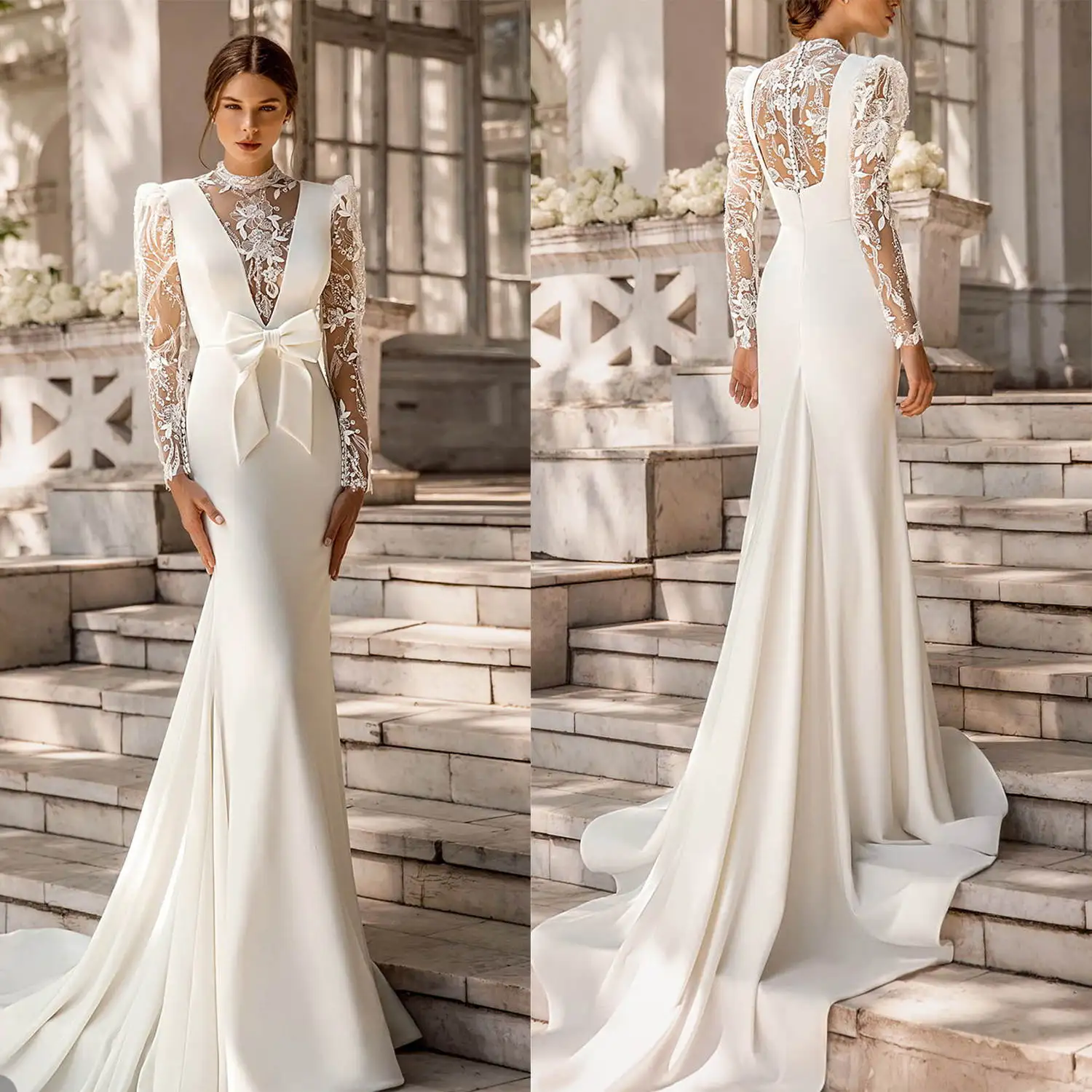 Magnificent Mermaid Wedding Dresses Back Zip Design High Neck Appliques Bridal Gown Sweep Train Vestido De Noiva Customized