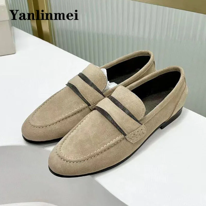 

Luxury Quality Suede Leather Loafers Woman Round Toe Slip-on Casual Flat Shoes String Bead Chain Comfort Walking Shoes For Women