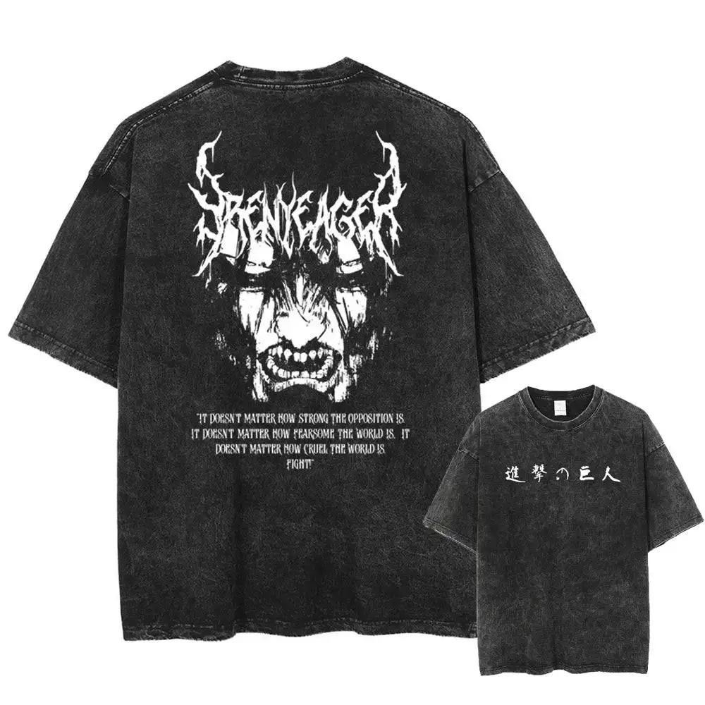 Unisex-T-Shirt in verwaschenem Schwarz im Vintage-Stil, Attack on Titan, Eren Yeager, It Doesn't Matter, hochwertiger Stoff für Zuhause, Freizeit, Reisen