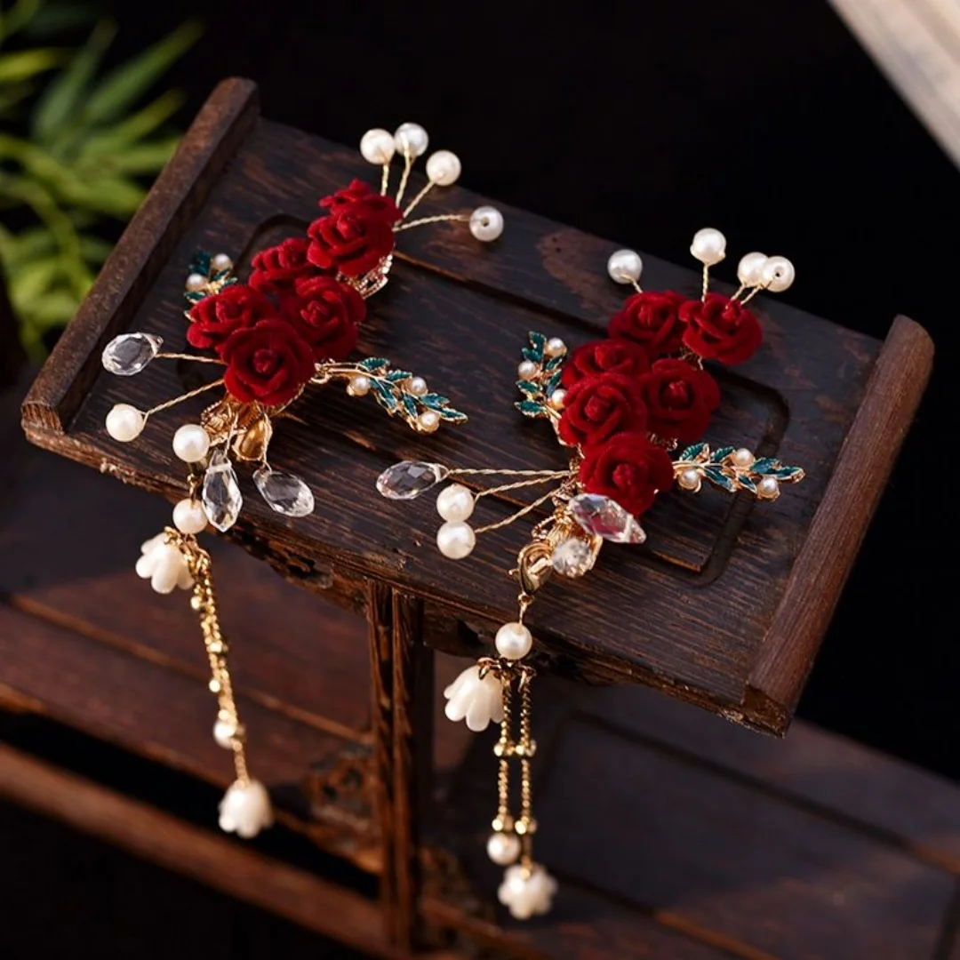 

Суперэлегантная универсальная заколка для волос в китайском стиле Ханьфу, заколка-роза красного цвета, легкая роскошная боковая заколка в китайском стиле
