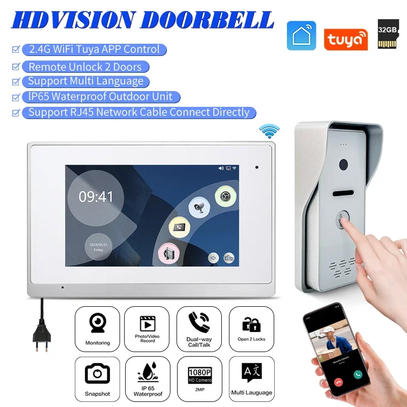 

Hot Sales Wifi Tuya 1080P Video Door Phone Intercom System 7 Inch HD Screen Indoor Unit Door Entry System