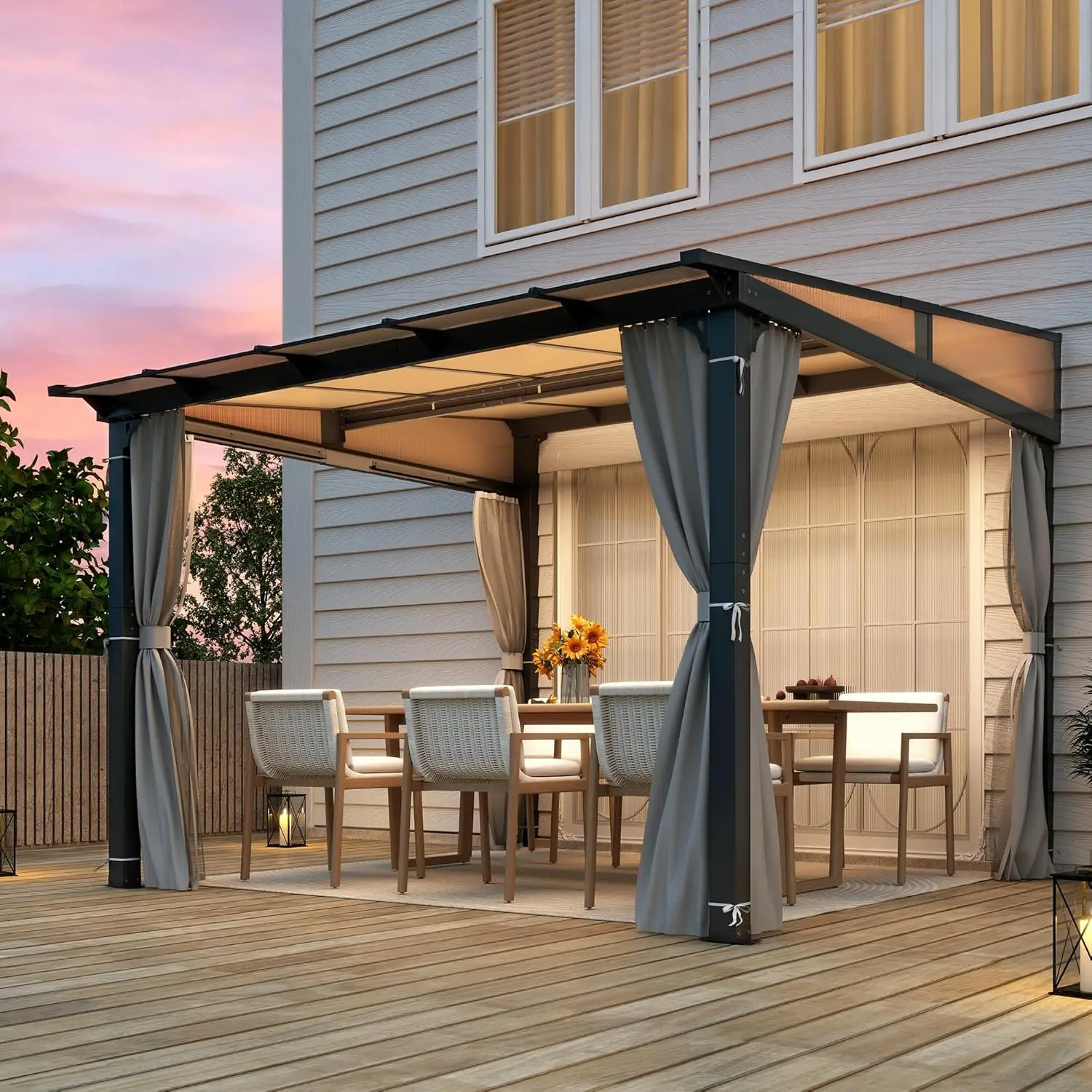 

10 x10FT Outdoor Wall-Mounted Hardtop Gazebo, Aluminum Frame Lean to Gazebo with Polycarbonate Roof and Curtains, Customized