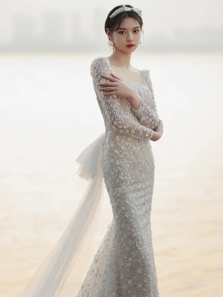 Korea Appliques Mermaid Wedding Dress Vintage Long-sleeve Beading Flowers Wedding Gowns Stunning Sweetheart Formal Dress