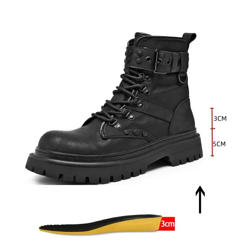 

Buckle Men Height Boot Ankle Boots Elevator Height Increase Shoes Winter Autumn Men Leather Chelsea Boots With Metal Decoration