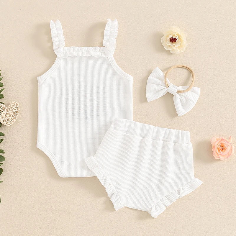 Baby Girl Summer Outfits Waffle Flower Embroidered Sleeveless Romper Ruffles Shorts Headband 3Pcs Clothes Set