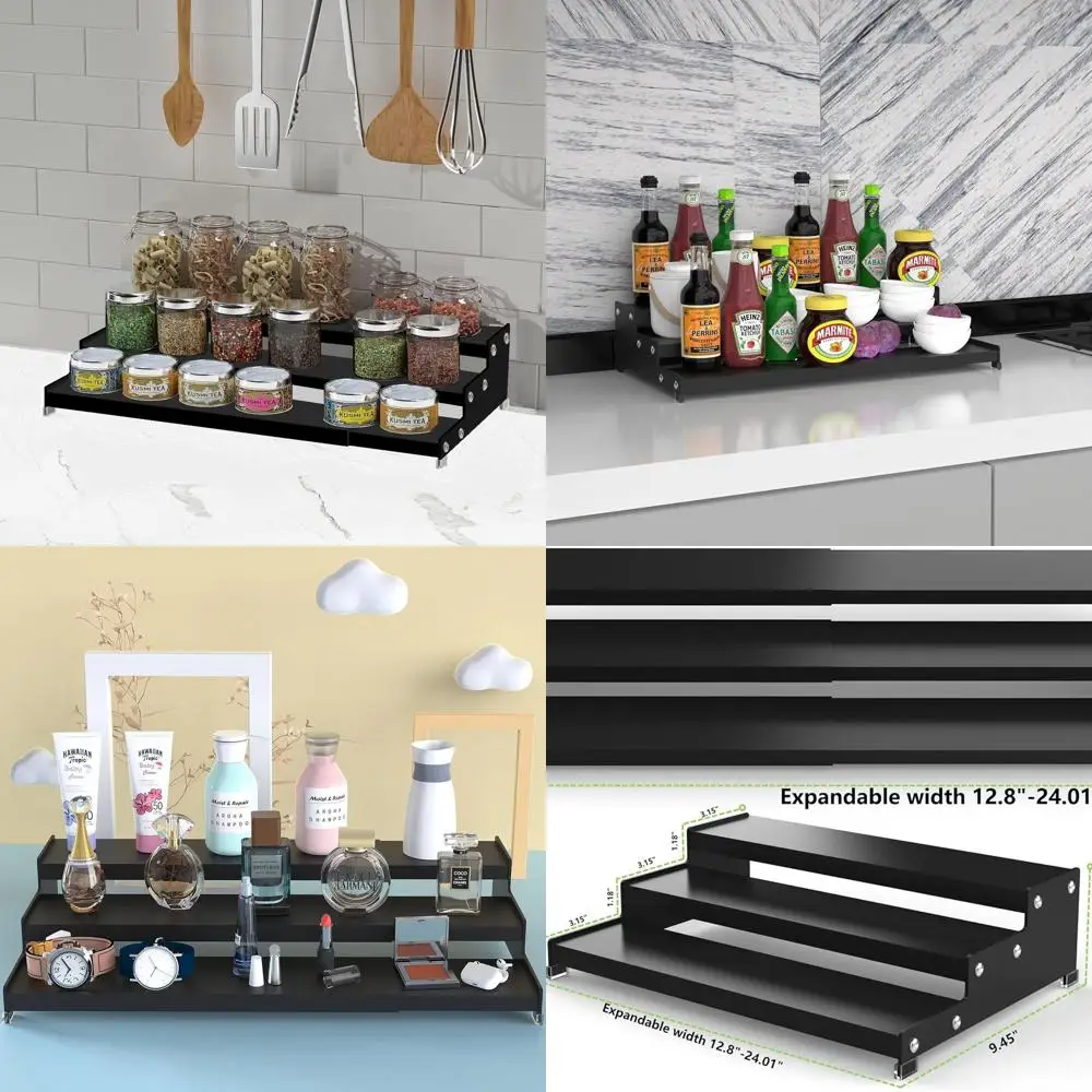 

Расширяемая трехъярусная металлическая полка для специй, регулируемая ширина (12,8-24.01), нескользящая, сверхмощная, черная
