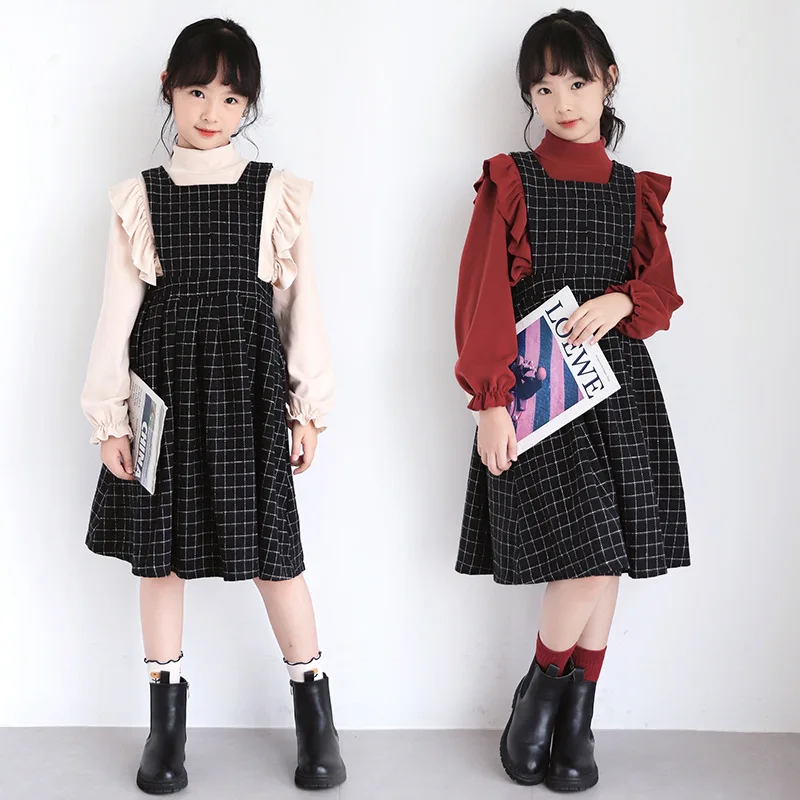 Korean Spring Autumn Junior Girl 2PCS Clothes Set School Girl Lace Undershirt+Checkered Suspender Skirt Sets For Girl 2-pieces