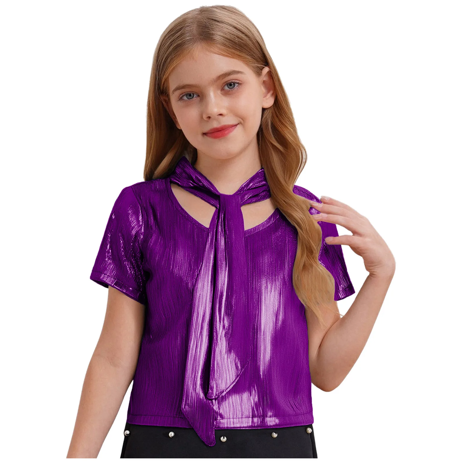 

Kids Girls Shiny Metallic Ribbed Crop Top Shirt Lace-up Round Neck Short Sleeve T-shirt for Hip-Hop Jazz Dance Stage Performance