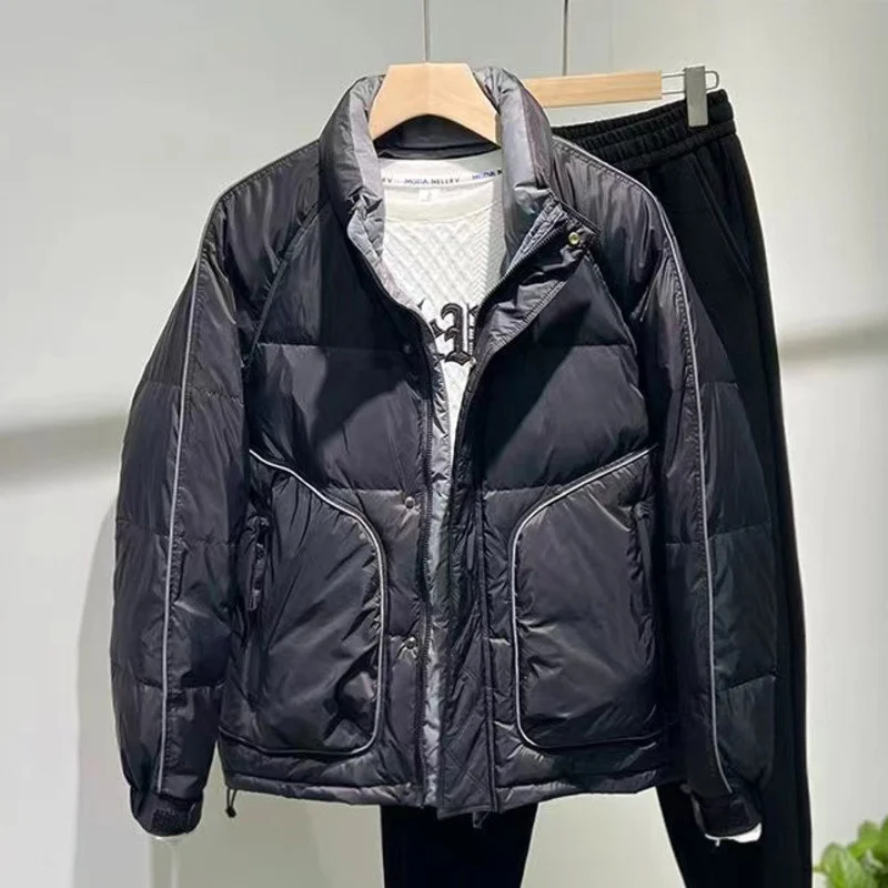 Winter 2023 Warm White Fall Duck Down Jacket For Men Fashion Stand Collar Solid Color Male Short Thick Warm Down Puffer Coat