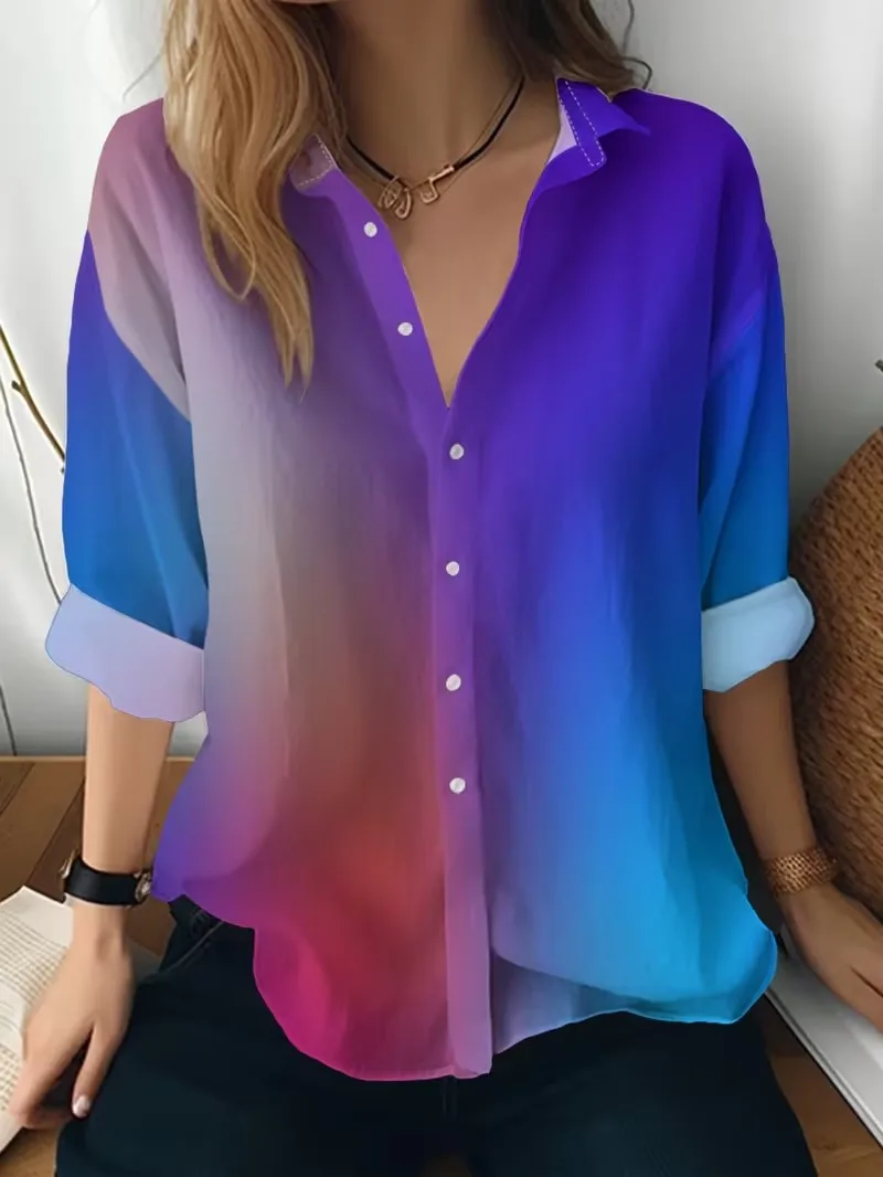 Women's Long Sleeved Flip Tie Button Top, 3D Color Gradient Printed Casual Shirt, Fashionable and Personalized Top