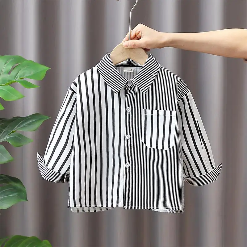 

Boys' striped shirt spring and autumn children's spliced collar top cardigan children's lapel shirt