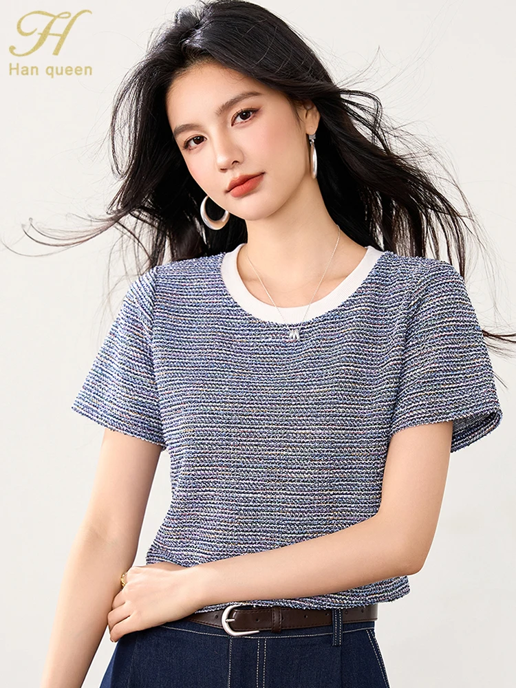 

H Han Queen 2025 Summer Korean Simple Short Sleeve T-Shirts For Women O-Neck Casual Tops Korean Loose Vintage Woman Clothing
