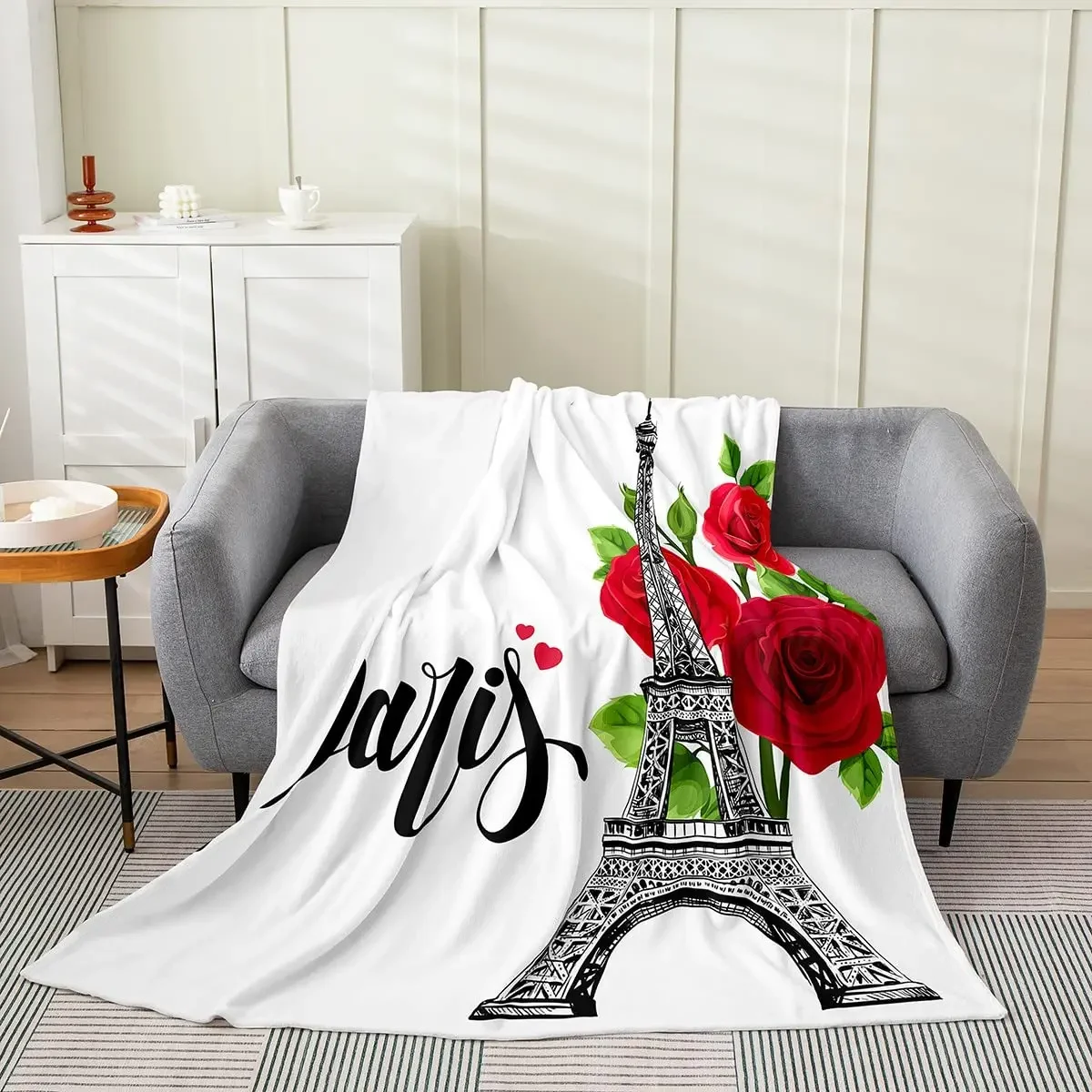 Flowers Flannel Throw Blanket Romantic Pattern Eiffel Tower Rose Sunflower Good Gift for Girls Women for Bed Sofa Couch Blanket