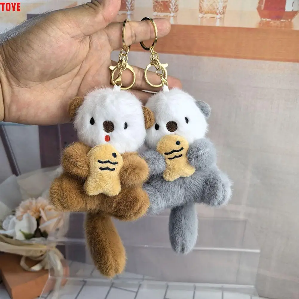 Decorations Holding Fish Cartoon Otter Keychain Fluffy Soft Plush Otter Bag Pendant Creative Stuffed Otter Plush Keyring Unisex