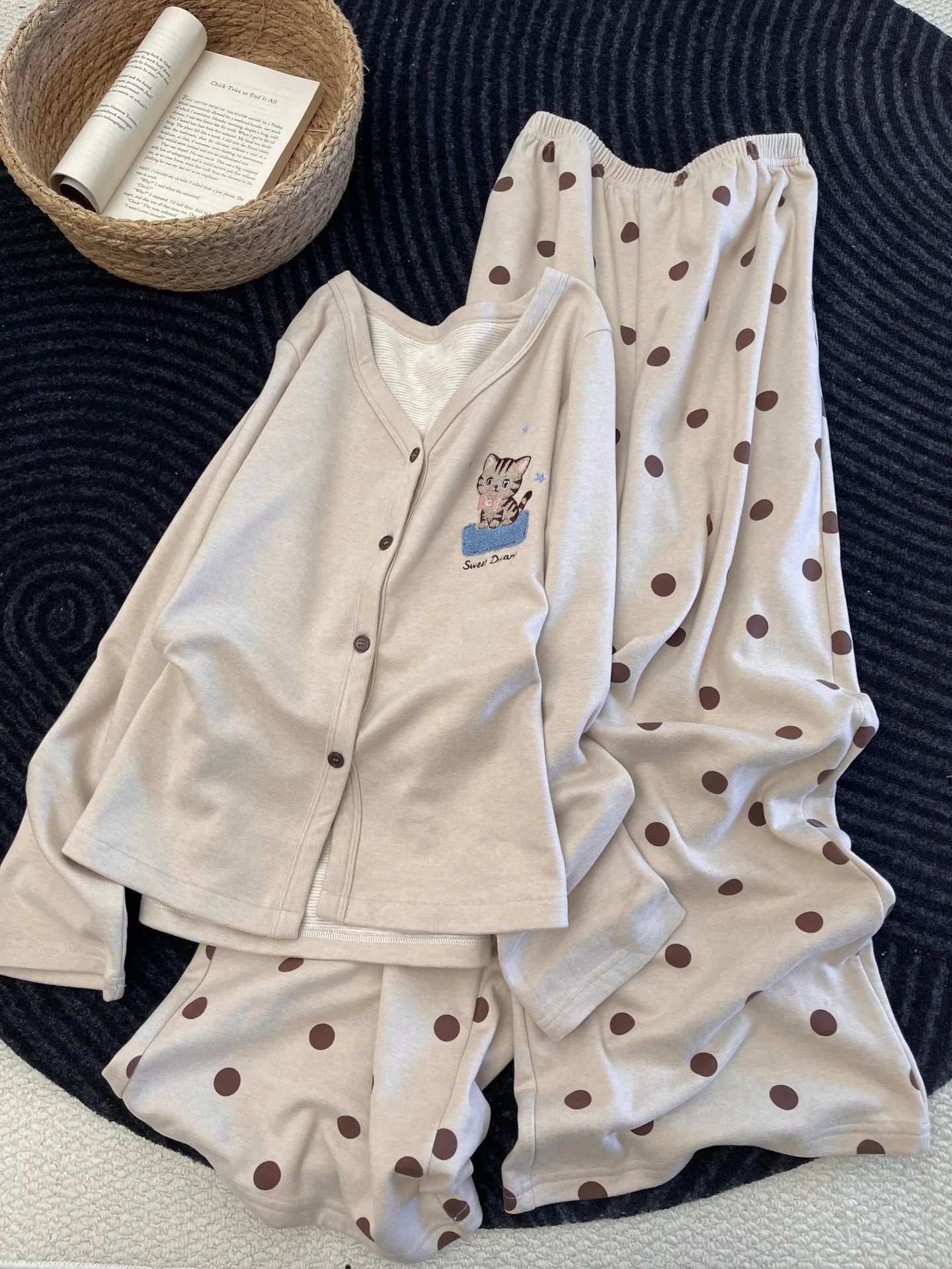 women's-winter-sleepwear-long-sleeve-cashmere-simulation-home-clothes-big-size-warm-set-large-polka-dot-print-outfit