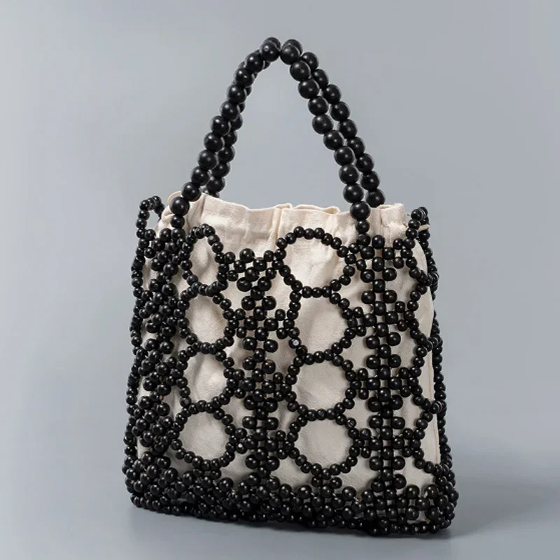 

New Hollowed Out Wooden Bead Women's Bag Handmade Woven Tote Bag for Beach Vacation Bag Contrasting Color Handbag