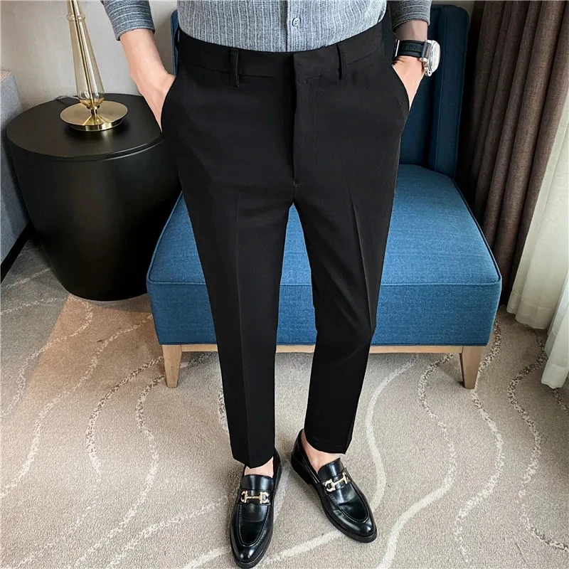 British Style Solid High Waist Trousers Men Formal Trousers High Quality Slim Fit Business Casual Suit Pants Groom Wedding Dress