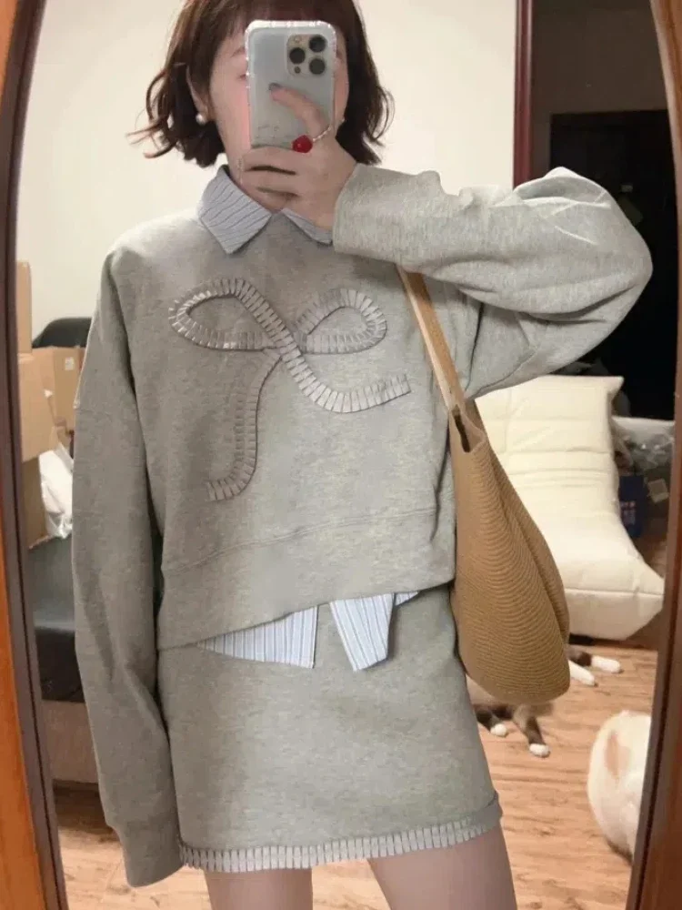 

2025 Autumn New Korean Fashion Three Piece Skirt Sets Long Sleeve O Neck Pullover Sweatshirt + Striped Shirt + A Line Mini Skirt