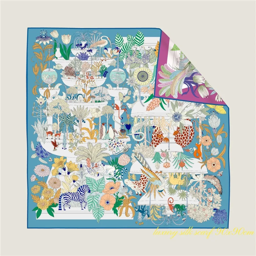 New Animal Paradise Giraffe Women's Twill Silk Curled Edge Double-sided Flush Different Color Large Square Scarf Women Luxury