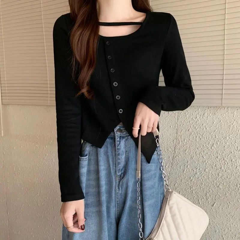 Stylish Irregular Button Pullovers Female Clothing Solid Color Spring Autumn Casual O-Neck Basic Long Sleeve Korean Slim T-shirt