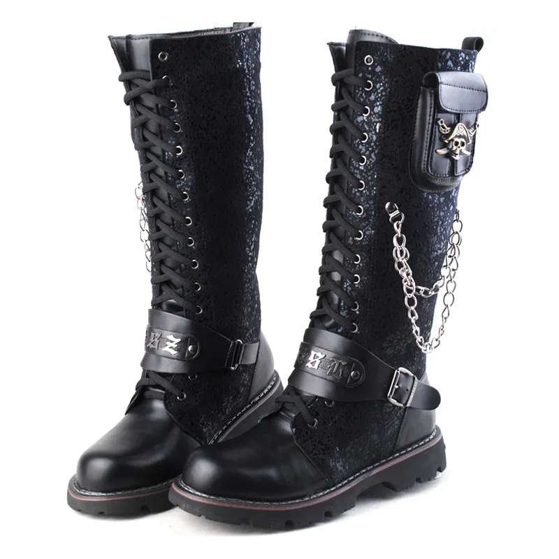 

Men Motorcycle Boots Knee High Boots Low Heels Knight Shoe man Vintage Boots male zapatos,Combat Boots Gothic Skull Punk Boots