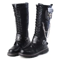 Men Motorcycle Boots  Knee High Boots Low Heels Knight Shoe man Vintage Boots male zapatos,Combat Boots Gothic Skull Punk Boots