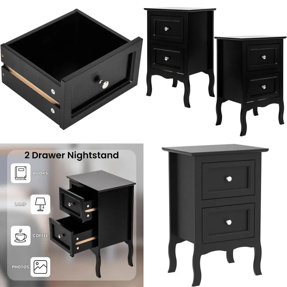 

Vintage Small Nightstands Set of 2, Wooden Bedroom Night Stands with Drawers, Curved Leg Side Tables for Office or Home