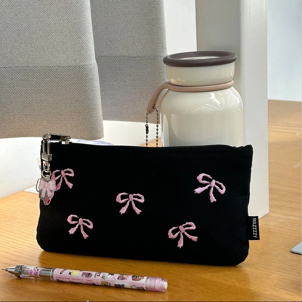 Lovely Bowknot Print Pencil Case Canvas Cute Embroidered Pencil Bag Stationery Storage Bag Large Capacity Cosmetic Brush Bag