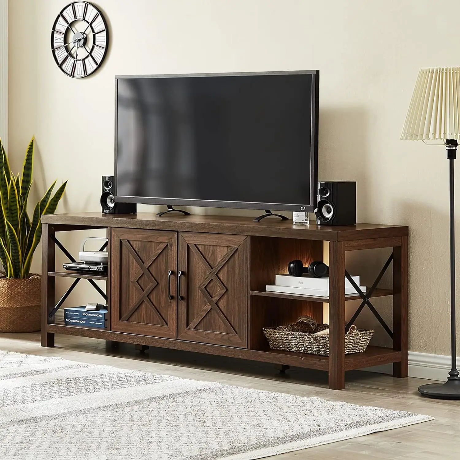 

TV Stand for TV with Storage, Wide Wooden TV Stand, Dark Walnut