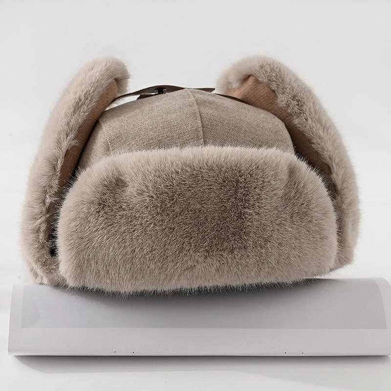 Russian Hat For Men Earflap Pilot Hat Winter Korean Splicing Faux Rabbit Ushak Bomber Trapper Thickened Warm Cap Women's Ski Cap