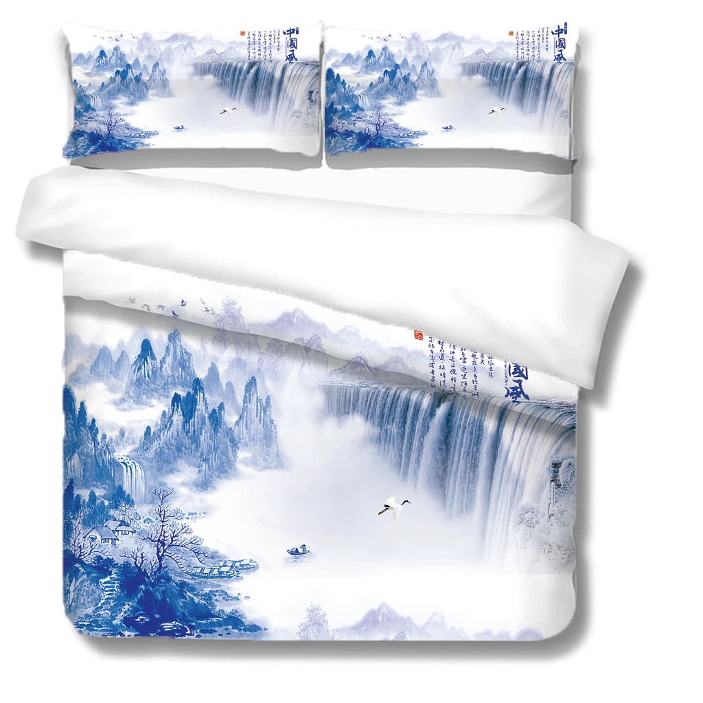 HUANZHUANG Design Duvet Cover Blue Waterfall Landscape Modern Bedding Set With Zipper Closure Ultra Soft Durable King Queen Doub