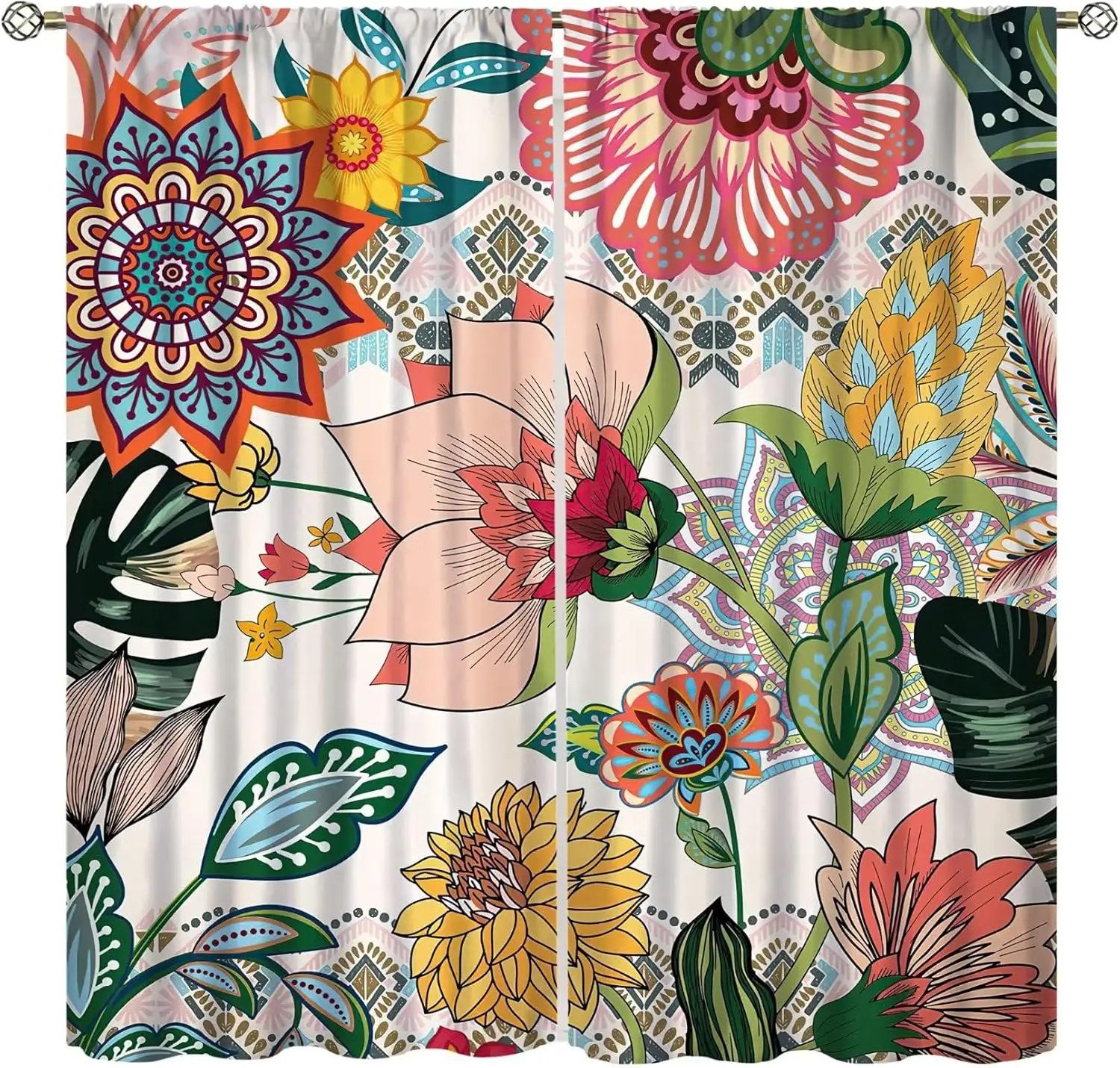 Boho Floral Curtains Rustic Bohemian Flower Colorful Mandala Plants Botanical Spring India Aesthetic Art Printed Living Room
