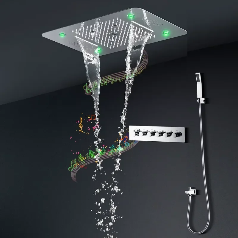 Shower Set 580*380mm Ceiling Rain Waterfall Mist Led Shower Set 5 Function Thermostatic Music Shower Mixer Unit
